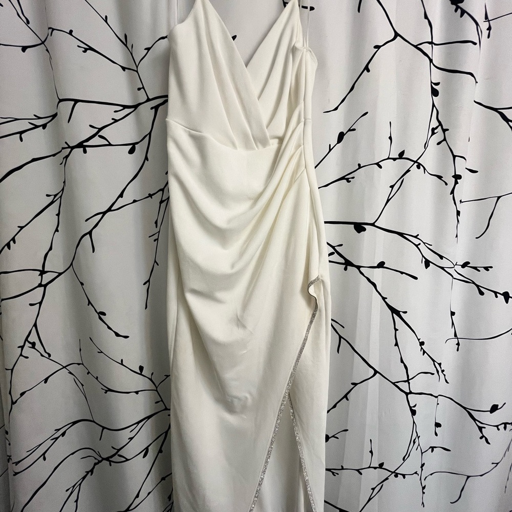 White Asymmetrical Ruched Gown with Plunge Neckline - Picture 1 of 4